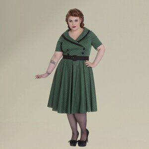 Hell Bunny Mimi Dress - Green Polka Dot V-Neck Collared belted Party Dress 2X